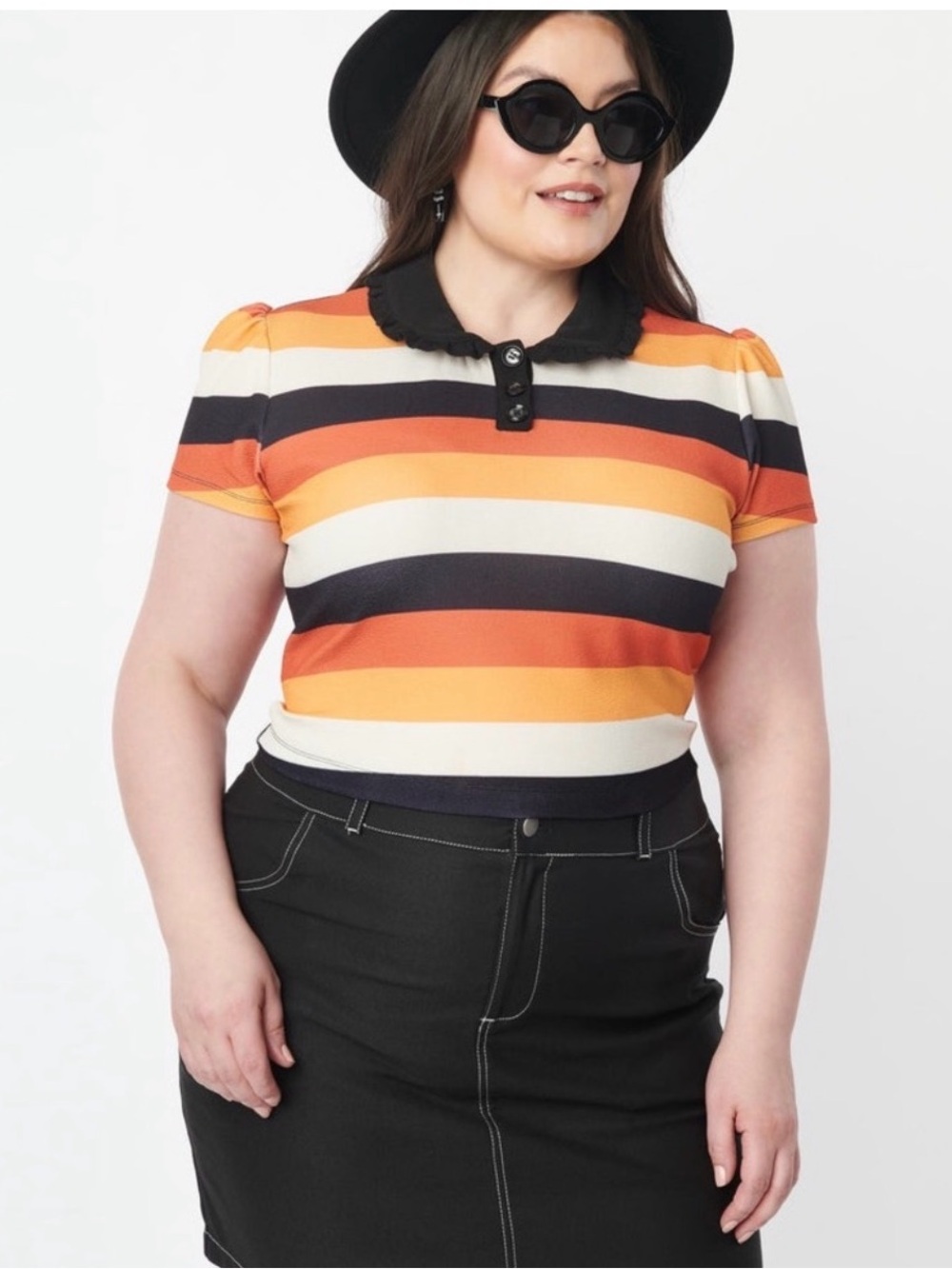 Unique Vintage Striped Short Sleeve Top with Black Peter Pan Collar